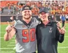 ??  ?? OSU tight end Braden Cassity, left, poses with his older brother Skyler in 2018. Skyler, then a graduate assistant for Texas Tech, is the outside linebacker­s coach at Missouri State. The two brothers face off Saturday in Stillwater. PHOTO PROVIDED