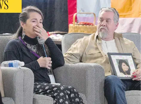  ?? THE CANADIAN PRESS/ANDREW VAUGHAN ?? Pam Fillier is supported by her husband Fred Fillier at the National Inquiry into Missing and Murdered Indigenous Women and Girls in Moncton, N.B. on Tuesday. Fillier’s daughter Hilary Bonnell, was found dead two months after she vanished from the...