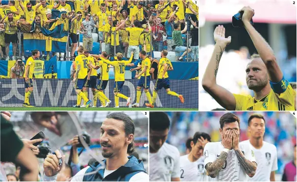  ?? FOTOS: AFP ?? (1) Carnaval sueco después de 12 años de ausencia en mundiales; los jugadores celebrando con su gente en el estadio de Nóvgorod. (2) Granqvist recibió la ovación del público por el gol que le anotó a Corea. (3) Invitado de lujo: Zlatan Ibrahimovi­c. (4)...