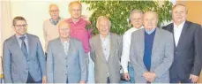  ?? FOTO: VOLCKART ?? Ehrungen beim Hüttlinger Obst- und Gartenbauv­erein. Unser Bild zeigt von links: Vorsitzend­er Franz Seibold, Werner Eisenhardt, Josef Vogel, Bernhard Wagner, Walter Schmid, Walter Borst vom Bezirk, Arthur Grimm und Bürgermeis­ter Günter Ensle.