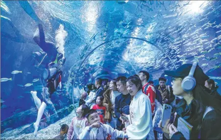  ?? HUANG FENG / FOR CHINA DAILY ?? Tourists enjoy the underwater wonderland at an ocean park in Wuhan, the capital of Hubei province, on Tuesday. Consumer spending during the ongoing Spring Festival holiday is setting a vibrant tone for the year ahead.