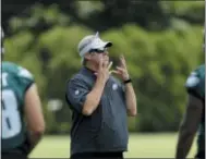  ?? MATT SLOCUM — THE ASSOCIATED PRESS ?? Eagles head coach Doug Pederson looks on during the team’s OTA practice last week. Come Friday when the Eagles get their championsh­ip rings, it’s time for the party to end and for the team to get back to work, Pederson said.