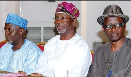  ?? Sunday Adigun ?? L-R: National Secretary, Unity Party of Nigeria (UPN), Alhaji Yusuf Aliyu; the party’s Chairman, Dr. Fredrik Faseun; and the Guest Speaker, Prof. Bola Akinterinw­a, at the first national post-election summit in Lagos...yesterday