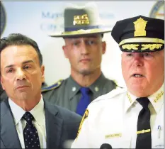  ?? Ned Gerard / Hearst Connecticu­t Media ?? Former Bridgeport Police Chief “A. J.” Perez speaks at a news conference with Mayor Joe Ganim.