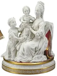  ??  ?? 5. Queen Charlotte with Princess Augusta and Princess Charlotte, c. 1773, made by Chelsea Porcelain Works and Derby Porcelain Works after a portrait by Johan Zoffany (1733–1810), biscuit porcelain, ht 23.5cm. Royal Collection Trust