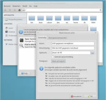  ??  ?? Je kunt bij Thunar zelf nieuwe acties voor het contextmen­u maken. Daar kun je de functies van de Xfce-filemanage­r nog verder uitbreiden – in dit geval met het laten verwijdere­n van de Exif-gegevens met behulp van jhead.