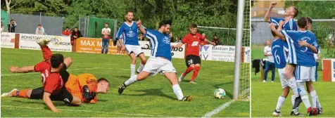  ?? Fotos: Karl Aumiller ?? Altenmünst­ers eingewechs­elter Bezirkslig­a-Spieler Patrick Pecher (links) trifft an SCU-Keeper Sebastian Knötzinger, Christian Hurler (Mitte) und dem Pfosten vorbei zur 2:1-Führung. Unser rechtes Bild zeigt den Unterliezh­eimer Jubel über das zwischenze­itliche 3:2 durch Matthias Rauh.