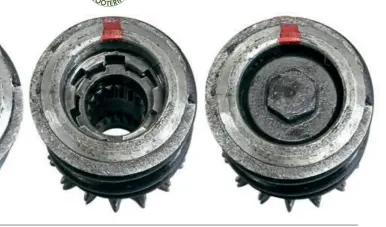  ??  ?? Above left: When the retaining bolt is in place it is impossible to see if the sprocket cap is in the correct position with the sleeve. Middle: Place one of the six raised edges of the sleeve in the twelve o’clock position and align the sprocket cap to...