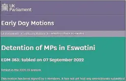  ?? (Pics: Mfanukhona Nkambule through snipping tool) ?? The publicatio­n of the early day motion on the detention of Hosea MP Mduduzi Bacede Mabuza and Ngwemphisi MP Mthandeni Dube. It is stated in the motion that travel ban should be imposed on His Majesty King Mswati III and his family until the jailed MPs are released