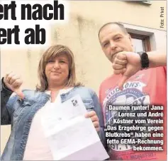  ??  ?? Daumen runter! Jana
Lorenz und André Köstner vom Verein „Das Erzgebirge gegen Blutkrebs“haben eine fette GEMA-Rechnung
bekommen.