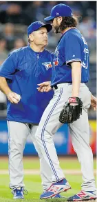  ?? KATHY WILLENS / THE ASSOCIATED PRESS ?? Jays manager John Gibbons takes the ball from relief pitcher Jason Grilli after Grilli allowed a three-run home run to New York Yankees’ Aaron Judge.