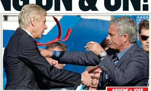  ??  ?? SHOVING MATCH: Wenger pushed Mourinho during a scuffle at Stamford Bridge in 2014