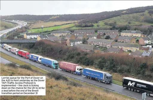  ??  ?? Lorries queue for the Port of Dover on the A20 in Kent yesterday as the Dover TAP (Traffic Access Protocol) is implemente­d — the clock is ticking down on the chance for the UK to strike a deal before the end of the Brexit transition period on December 31