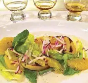  ??  ?? Citrus Salad with Blue Cheese Emulsion, paired with FassZinati­on Single Malt Single Cask Scotch Whisky from the Auchentosh­an Distillery, 12 years old.