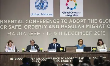  ??  ?? Moroccan foreign affairs minister Nasser Bourita (centre) speaks at the UN Migration Conference in Marrakech, where the first global pact on migration was formally adopted. Photograph: Fadel Senna/AFP/Getty Images