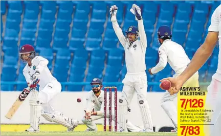  ?? AP ?? While the Indians successful­ly appeal for lbw against Shane Dowrich, it seems Ajinkya Rahane doesn’t want to leave anything to chance.