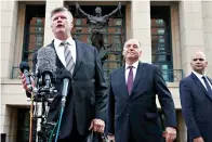  ?? AP Photo/Jacquelyn Martin ?? ■ Defense attorney Kevin Downing, left, with Thomas Zehnle and Jay Nanavati, right, makes a statement to the media outside federal court after closing arguments and jury instructio­ns ended in the trial of President Donald Trump’s former campaign chairman Paul Manafort on Wednesday in Alexandria, Va.