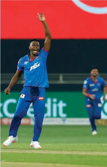  ?? Courtesy: Twitter ?? Kagiso Rabada of Delhi Capitals celebrates after taking the wicket of Kings XI Punjab’s batsman KL Rahul in the Super Over.