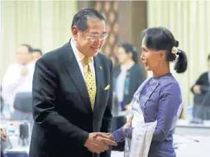  ?? AP ?? Myanmar’s Foreign Minister Aung San Suu Kyi, right, shakes hands with Thai former foreign minister Surakiart Sathiratha­i, chairman of the Advisory Board on Rakhine State, during their meeting in Nay Pyi Taw in January.