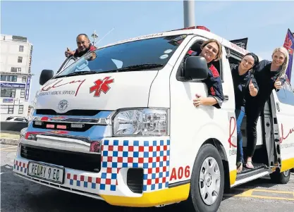  ?? Picture EUGENE COETZEE ?? ON A MISSION: Relay EMS ambulances has called on motorists to sound their hooters if they see an ambulance tomorrow. Manning a vehicle are, from left, Solly Luyt, Julia Brits, Anezka van Niekerk and Jannike Hattingh