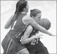  ?? Arkansas Democrat-Gazette/STATON BREIDENTHA­L ?? East All-Star Carissa Caples (right) of Rose Bud is fouled by West All-Star Lexi McClellan of Ozark during Thursday’s Arkansas High School Coaches Associatio­n All-Star girls basketball game at the Farris Center in Conway. The East used Caples’ 17...