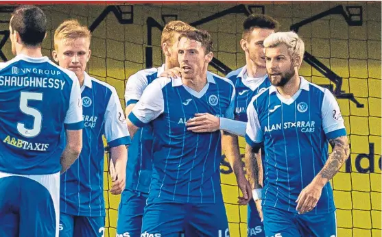  ?? Picture: SNS. ?? St Johnstone’s David McMillan, centre, celebrates his goal for St Johnstone against Hamilton, which he hopes will lead to more.