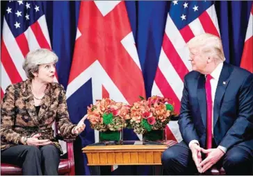  ?? BRENDAN SMIALOWSKI/AFP ?? British Prime Minister Theresa May and US President Donald Trump meet at the Palace Hotel in New York, on the sidelines of the 72nd United Nations General Assembly, on September 20.