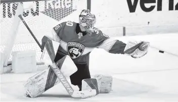  ?? DAVID SANTIAGO dsantiago@miamiheral­d.com ?? Panthers goaltender Spencer Knight blocks a shot in Thursday’s 4-1 win against the Vegas Golden Knights.