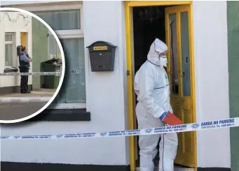  ??  ?? Jimmy Loughlin, top, was murdered at his rented home on Connolly Street, Sligo. Forensic teams are carrying out investigat­ions and a garda (inset) was on patrol. Photos: James Connolly