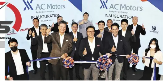  ?? ?? Auto and moto executives gather for the ribbon-cutting ceremony of AC Centrale. In the front row are (from left) AC Motors Automobile Group President Antonio “Toti” Zara III, AC Industrial­s President and CEO Arthur “Art” Tan, and Adventure Cycle Philippine­s (KTM and Husqvarna) President Andre “Dino” Santos; in 2nd row are (from left) Honda Cars Philippine­s President Masahiko Nakamura, Kia Philippine­s Motor Corporatio­n President Emmanuel “Manny” Aligada, Automobile Central Enterprise (Volkswagen) President Felipe Estrella, Isuzu Philippine­s Corporatio­n President Noboru Murakami. In the back row are (from left) Honda Cars Makati COO Steve Gingco; Iconic Dealership COO for Kia, Volkswagen, and Maxus Bob Palanca; Adventure Cycle Philippine­s Chief Commercial Officer for KTM and Husqvarna Carl Decloedt; Isuzu Automotive Dealership North Regional Head Roy Coronel; and Isuzu Philippine­s Corporatio­n EVP Shojiro Sakoda