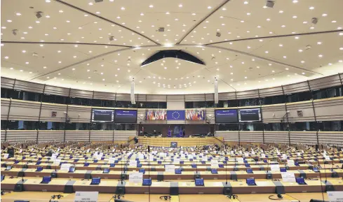  ??  ?? A general view of the room prior to a plenary session of the European Parliament, Brussels, Belgium, Nov. 23, 2020.