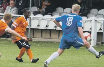  ??  ?? Brighouse’s Leon Henry gets in a shot against Radcliffe Borough.
Pictures: Bruce Fitzgerald