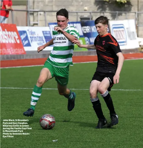  ??  ?? John Ward, St Brendan’s Park and Gary Vaughan, Killarney Celtic in action during the Youths Cup Final in Mounthawk Park Photo by Domnick Walsh / Eye FOcus