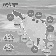  ?? FOTO CORTESÍA ?? EL MAPA de riesgo de la Sec. de Salud de Sonora, marcando por primera vez en al año en verde al municipio de San Luis R.C., al cual que otros cinco municipios del entidad.