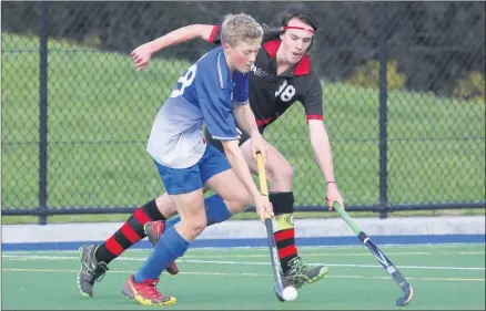  ??  ?? TOUGH CONTEST: Luke Shalders of Kaniva Raiders controls the ball despite attention from Stuart Hallett of Horsham Bombers during Wimmera Hockey Associatio­n. Picture: JOHN O’DWYER