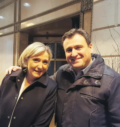  ??  ?? Denis Franceskin, National Front candidate in North America, pictured with Marine Le Pen. The former French language teacher and one-time profession­al wrestling impresario is trying to win over French voters living in Canada and the United States.