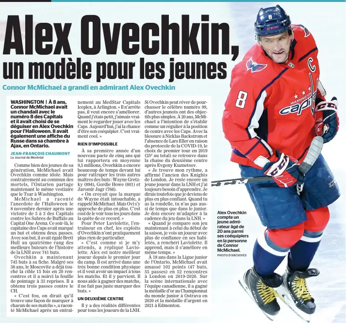  ?? PHOTO D’ARCHIVES ?? Alex Ovechkin compte un jeune admirateur âgé de 20 ans parmi ses coéquipier­s en la personne de Connor McMichael.