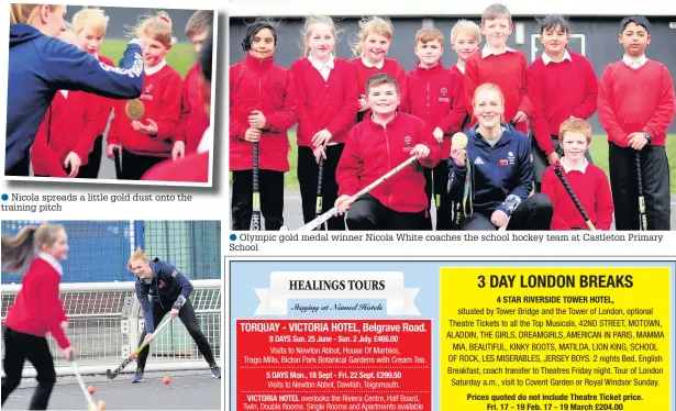  ??  ?? ●●Nicola spreads a little gold dust onto the training pitch ●●Nicola puts youngsters through their paces ●●Olympic gold medal winner Nicola White coaches the school hockey team at Castleton Primary School