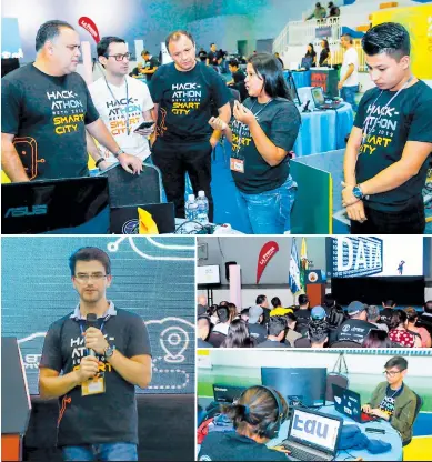  ?? FOTOS: GILBERTO SIERRA ?? HACKATHON RETO SMART CITY 2019 El alcalde Armando Calidonio y parte del equipo de T&M visitaron las mesas donde están trabajando los diez equipos. Kevin Dubón mientras detallaba los premios que recibirán los ganadores. El público que participó en la videoconfe­rencia de la especialis­ta del Banco Mundial. En esta edición, la mayoría de los concursant­es tienen entre 18 y 25 años.