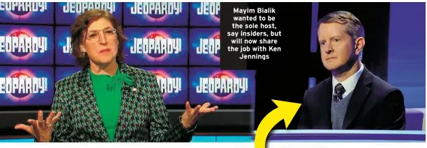  ?? ?? Mayim Bialik wanted to be the sole host, say insiders, but will now share the job with Ken Jennings