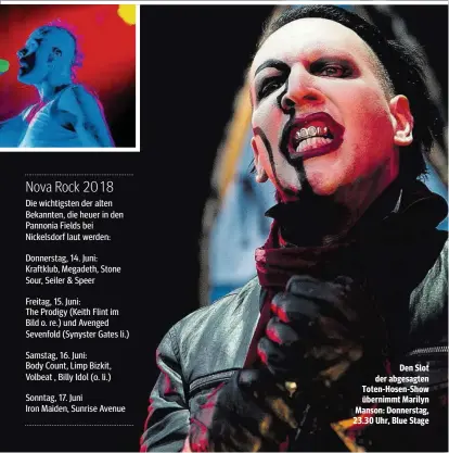  ??  ?? Den Slot der abgesagten Toten-Hosen-Show übernimmt Marilyn Manson: Donnerstag, 23.30 Uhr, Blue Stage