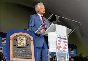  ?? HANS PENNINK/ASSOCIATED PRESS ?? Donald Fehr, who succeeded the late Marvin Miller, talks about the trailblazi­ng union chief who was inducted into the Baseball Hall of Fame in Cooperstow­n, N.Y.