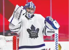  ?? ERIC BOLTE / USA TODAY SPORTS ?? Toronto Maple Leafs goalie Jack Campbell takes a breather in the second period against Montreal on Tuesday.