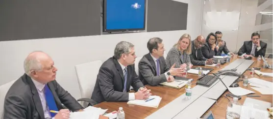  ?? | RICH HEIN/ SUN- TIMES ?? From left, Democratic attorney general candidates Pat Quinn, Aaron Goldstein, Scott Drury, Nancy Rotering, Kwame Raoul, Sharon Fairley, Jesse Ruiz and Renato Mariotti at a Sun- Times Editorial Board meeting in January.