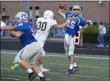  ?? JENNIFER FORBUS — FOR THE MORNING JOURNAL ?? Midview quarterbac­k Ethan Surdock gets his pass off before North Ridgeville’s Carter Grow reaches him Sept. 6.