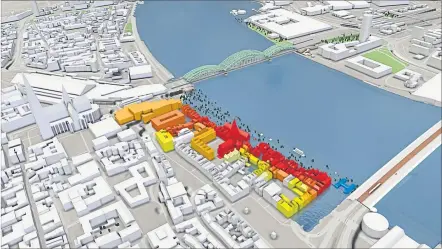  ?? [ VRVis] ?? Am Beispiel der Stadt Köln wird die Software erprobt: links der Dom, rechts davon ein Überflutun­gsszenario am Rheinufer.