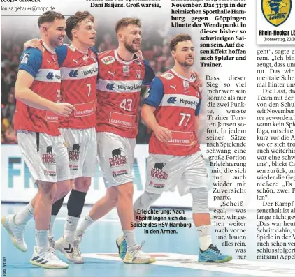  ?? ?? Erleichter­ung: Nach Abpfiff lagen sich die Spieler des HSV Hamburg in den Armen.
