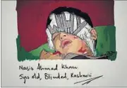  ?? SOURCE: GALLERIE1’S WEBSITE ?? An art work by exhibition curator Syed Mujtaba Rizvi on a Kashmiri boy who lost his vision in the ongoing stir.