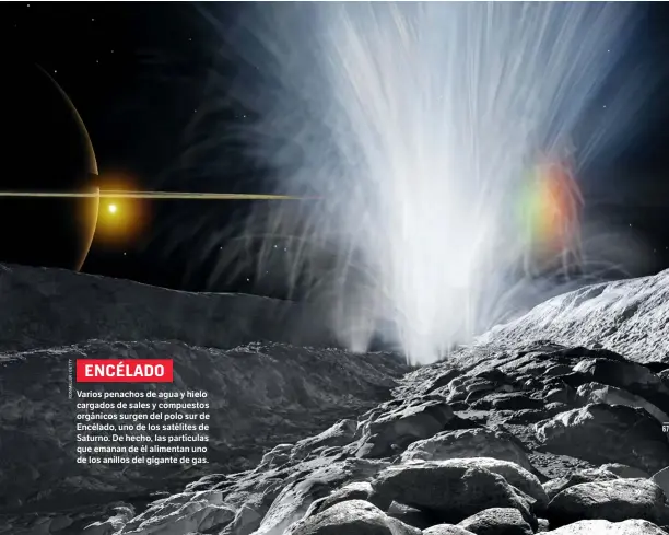  ??  ?? Varios penachos de agua y hielo cargados de sales y compuestos orgánicos surgen del polo sur de Encélado, uno de los satélites de Saturno. De hecho, las partículas que emanan de él alimentan uno de los anillos del gigante de gas. ENCÉLADO