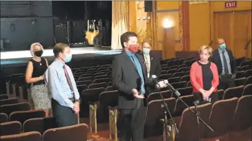  ?? Emily M. Olson / Hearst Connecticu­t Media ?? Sen. Richard Blumenthal visited the Warner Theatre in Torrington Thursday afternoon to discuss a proposed funding bill, Save Our Stages, and the Restart Act, which are being discussed in the U.S. Senate to provide financial aid to arts and entertainm­ent venues and organizati­ons across the U.S., most of which have been closed since March and may not open until summer 2021. Blumenthal was joined by Torrington Mayor Elinor Carbone, Warner Theatre Executive Director Rufus de Rahm, state Rep. David Wilson and members of the theater’s board of directors and staff. Above, DeRahm speaks during the event inside the theater.